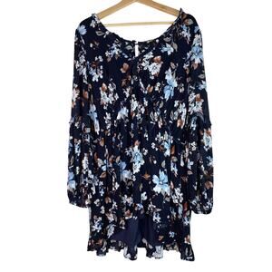 NWT Lulus Women's Size XL Navy Blue Floral Puff Sleeve Ruffle Mini Shift Dress *